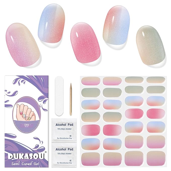 Semi Cured Gel Nail Strips, 28 pcs Gel Nail Stickers Work with Any UV Lights, Long-Lasting Nail Wraps for women DIY Art Gift, Easy to Apply & Remove