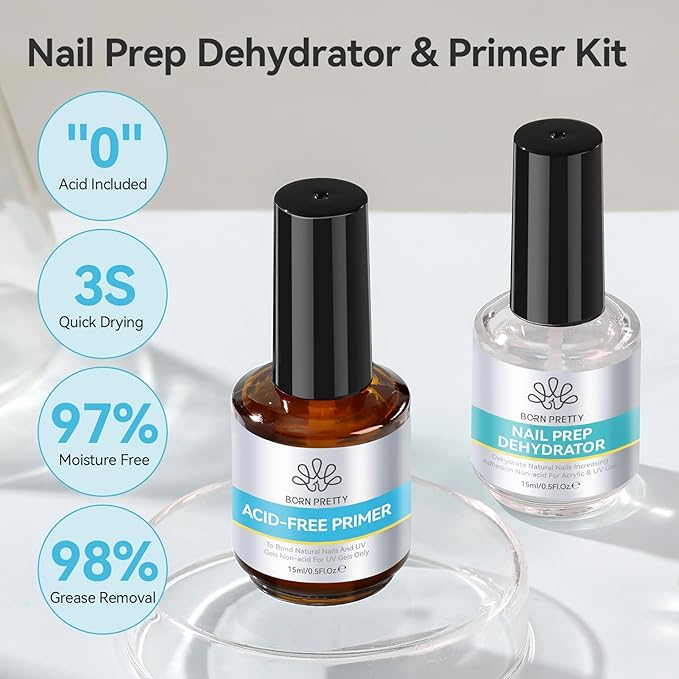 BORN PRETTY 15ml Nail Prep Dehydrate & Bond Nail-Primer Set,Natural Acid-Free Formula for Acrylic & Gel Polish,Superior Adhesion with Fast-Dry Gift Box Professional Salons Set