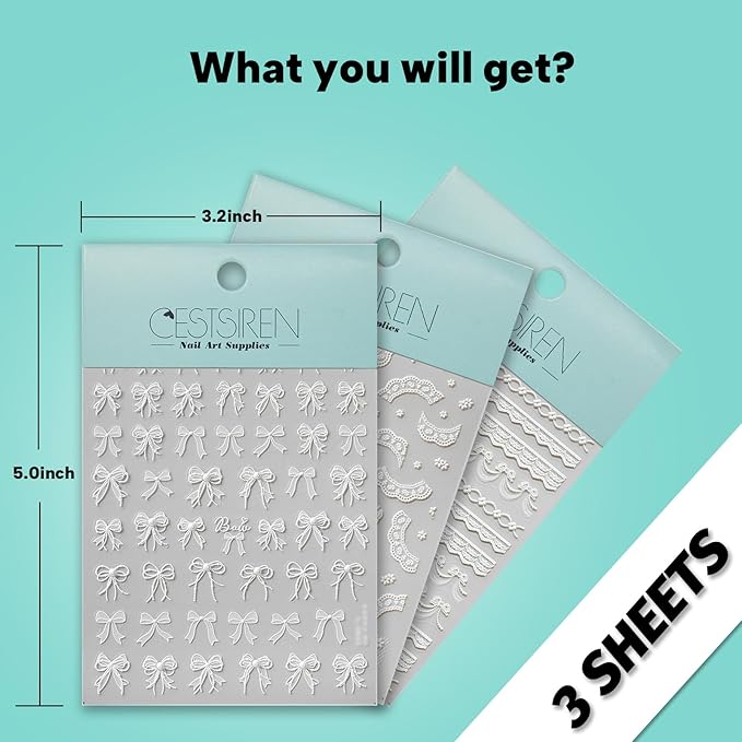 White Bow Lace Nail Art Stickers 5D Embossed Pearl Nail Decals for Nail Art Design Self-Adhesive Nail Accessories for Women Nail Art Supplies 3 Sheets