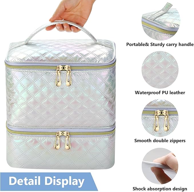 Nail Polish Organizer and Nail Lamp Case, Nail Kit Organizer Holds 30 Bottles (15ml - 0.5 fl.oz) and a Nail Lamp, Nail Polish Carrying Case with Manicure Tools Storage Sections (White)