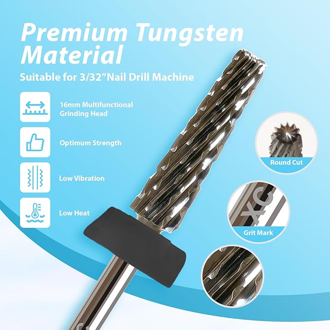 16mm Long Tapered Barrel Nail Drill Bit, 3/32” Safety Tungsten Carbide E-File Bit for False Nail Application, Press-On Tip Apply Nail Extension, Gel & Acrylic Removal, Two-Way Rotation, Extra Coarse.