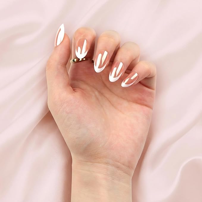 Press On Nails French Tip Almond - White Glossy Acrylic, Long Lasting Reusable Fake Nails with Glue, Adhesive Tabs, File, Prep Pad, Manicure Stick 30Pcs in 15 Sizes for Everyday or Fall