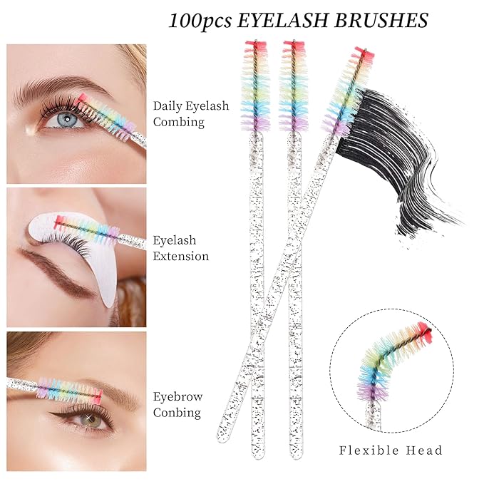 300 PCS Eyelash Extension Supplies Kit, Disposable Lash Spoolies Brushes Micro Swab Brushes Mascara Wand Lip Brushes for Eyelash Extension Tattoo Lipstick Applicator（Crystal Black Rainbow）