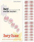 Heyhae Semi Cured Gel Nail Strips | No LED Lamp Needed | Glitter, Pink, Spring | Easy Apply & Remove, Salon Quality | Includes 28 Strips, 1 Prep Pads, Nail File & Wooden Stick - Hey, Picnic Date?