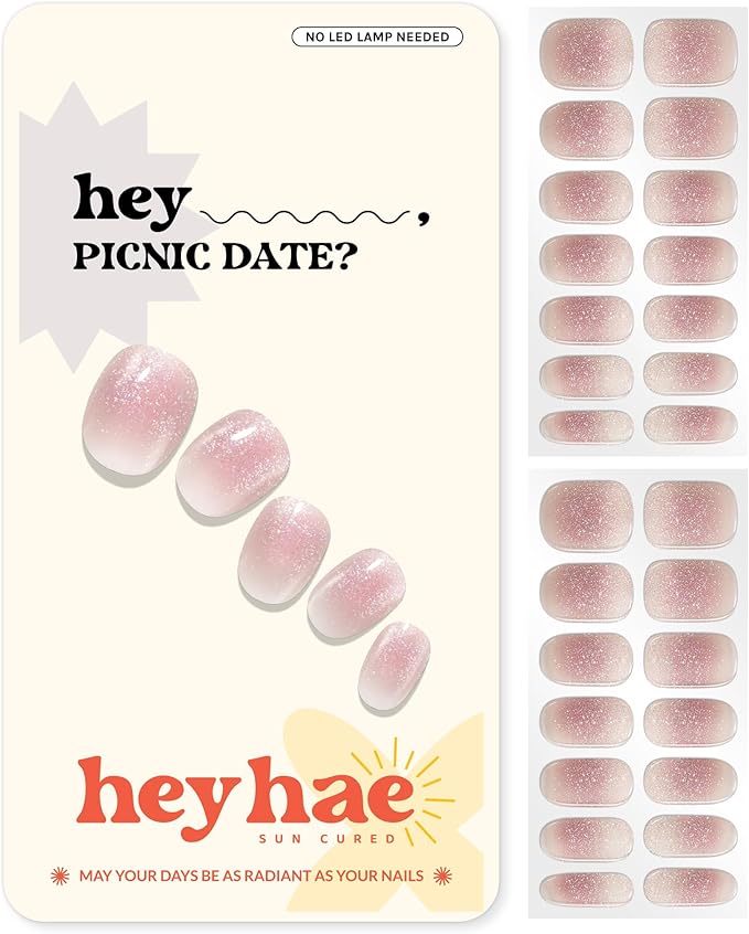 Heyhae Semi Cured Gel Nail Strips | No LED Lamp Needed | Glitter, Pink, Spring | Easy Apply & Remove, Salon Quality | Includes 28 Strips, 1 Prep Pads, Nail File & Wooden Stick - Hey, Picnic Date?
