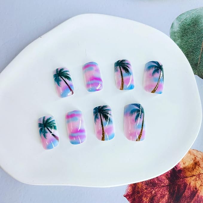 Medium Press on Nails Square Fake Nails with Design Palm Tree Glue on Nails Blue Pink Gradient Acrylic Nails Summer False Nails Reusable Artificial Nails Glossy Stick on Nails for Women Girls