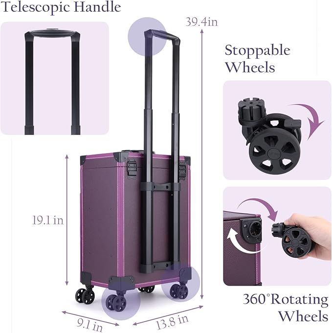 FRENESSA Rolling Nail Case Wheeled Manicure Storage Case Polish Organizer Professional Makeup Trolley for Studio or Travelling Nail Technician Artists Cosmetologist Stylist - Vegan Leather