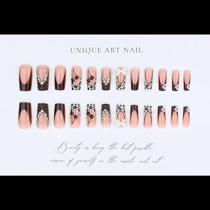 Long Press on Nails Square Fake Nails Brown Artificial Nail White Bow and Red Cherry Designs Rhinestones Stick on Nail for Women 24pcs