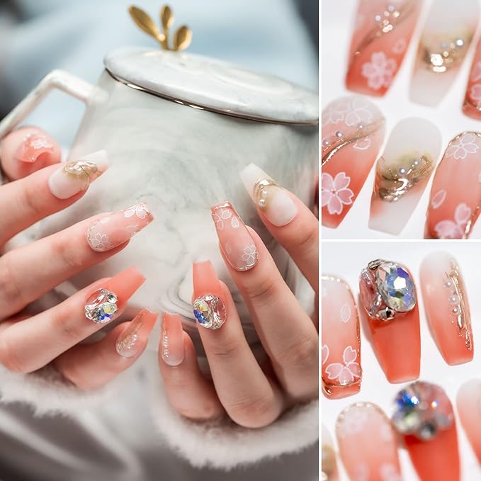 Sun&Beam Nails Handmade Long Coffin Ballerina Pink Flower False Nail Tips with Cute 3D Pearl Diamond Popular Charm Design Press On Nails 10 Pcs (#62 XS) (FN-HM-062-XS.AU)