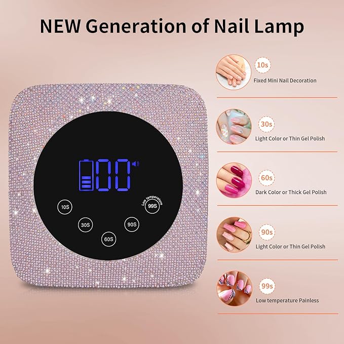 Cordless UV LED Nail Lamp,72W Rechargeable UV Light for Gel Nails with 5 Timer Setting Quick Dry Curing Lamp with Display Auto Sensor for Salon & Home(Pearl Pink Diamond)