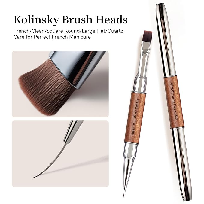 Dual Head Acrylic Nail Brush-Large Flat & 6mm Liner for Builder Gel,Polygel & Design-Wood Handle & Metal Caps