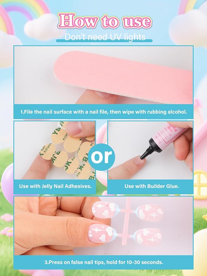 EBANKU 26 Pieces Press on Nails for Kids, Pink Almond Full Cover Acrylic Nail Tip Kit with Nail Glue Children Short Artificial False Nail Kits for Girls