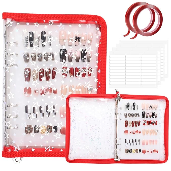 Press on Nail Organizer Binder Book, 8 A5-Sized Insert Pages & Double Sized Tape, Press on Nails Display Storage Book, Reusable Fake Nail Swatch Collecting Book (Red Star)