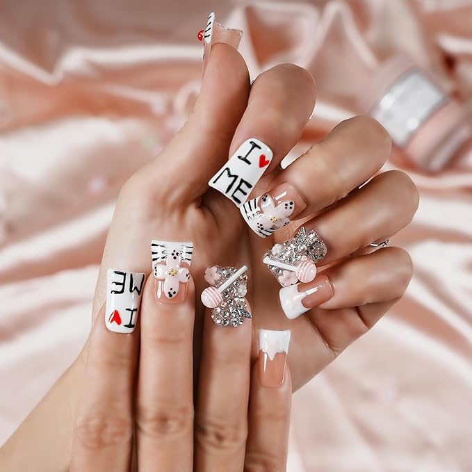 Short Duck Press on Nails - 3D Floral Metallic Butterflies French Tip False Nails with Zebra Stripe Print, Lollipop Cherry Stars Luxury Cute Design (Cute Love Cherry Candy,L)
