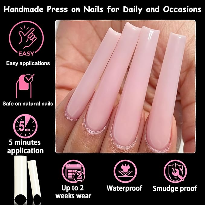 LoveOurHome 240pc Extra Long C Curve Nail Tips Natural Fake Nails, XL C Curve Acrylic Nail Tips Half Cover Curved Square False Nails, Extra Long Artificial Fingernail 12 Size for Nail Extension