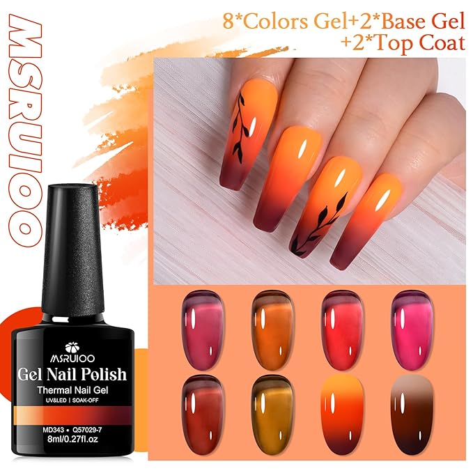 12Pcs Jelly Gel Polish Set Crytal Orange Burgundy Red Transparent Amber Gel, Brown Color Changing Gel Nail Polish Set Fall Winter Manicure Kit 8 Colors