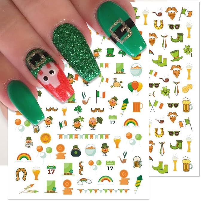 St. Patrick's Day Nail Art Stickers, Irish Shamrock Leprechaun Hat 3D Self-Adhesive Nail Decals Lucky Clover Design (6 Sheets)
