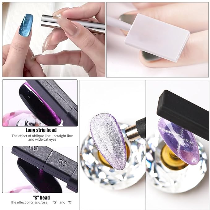 9PCS Cat Eye Magnet For Nails Cat Eye Gel Nail Polish Magnet Tools Set Double-Head Strong Suction Nail Magnet Stick Nail Cat Eye Magnet Nails Square Round Magnet Pens Diverse Cat Eye Effect