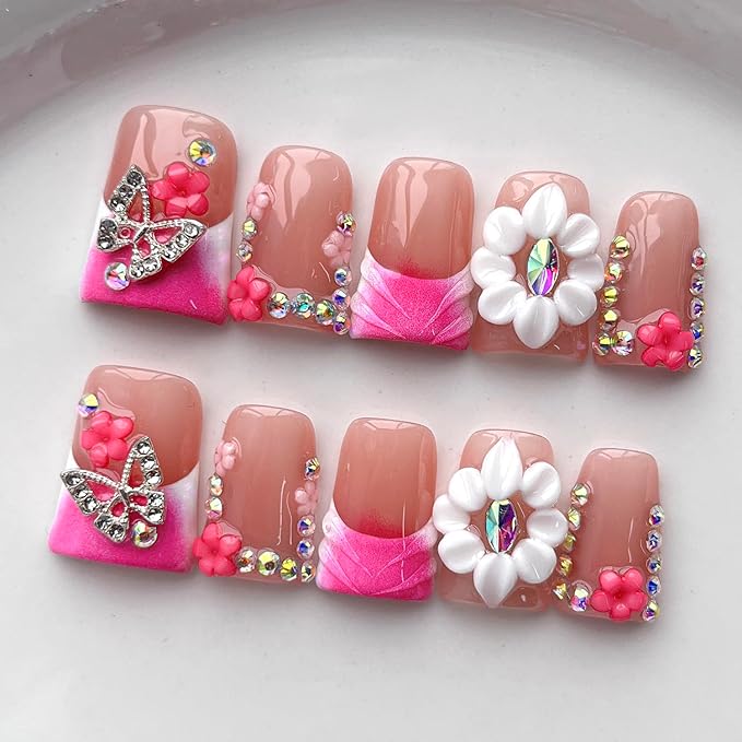 French Tip Press on Nails Handmade Short Duck 3D Flower Thick Acrylic Nails Pink False Nails with Butterfly Floral Rhinestones Designs Elegant Glossy Fake Nail Sturdy Art Press on Nail 10Pcs(M)