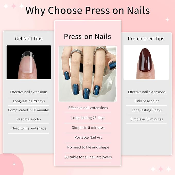 Navy Blue Cat Eyes Press On Nails,12 Sizes - 24 Pcs Soft Gel Navy Blue Medium Square Fake Nails Kit with Nail Glue, Natural Reusable Stick On False Nails for Women and Girls (Skycloud Nails) SK0928