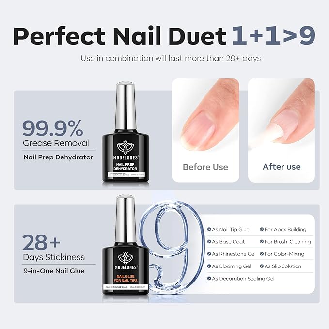 modelones X Nail Gel Kit Medium Coffin, Upgrade 510Pcs Fake Nails, 9-in-One Glue Prep Dehydrator & Portable Mini U V Light Acrylic Clipper, Coffin Tips Extension Kit for DIY Salon Home Gifts