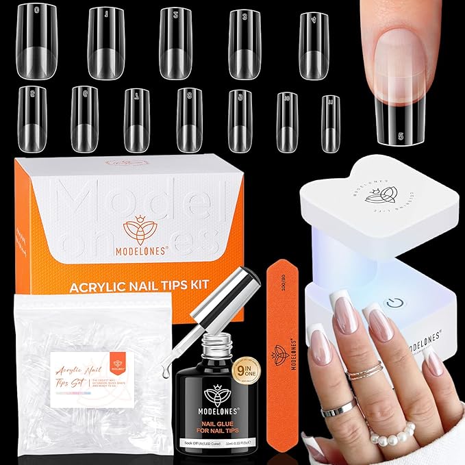 modelones Medium Square Gel Nail Tips Kit, 9-in-One Nail Glue with Portable U V Lamp 216Pcs 12Sizes Pre-Etched Press ons Fake Acrylic Extension Kit DIY Salon Gift for Women