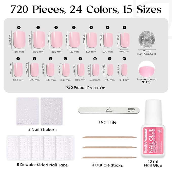 Beetles Press On Nails Kit - Funfetti | 720Pcs 24 Colors Short Square Press On Nails | 15 Sizes French Glossy Glitter With Nail Glue & Nail Tabs Stickers, Fake Nails Kit Art For Women