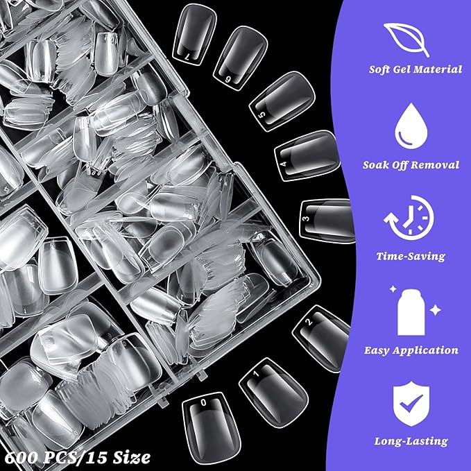 LoveOurHome 600pc Extra Short Coffin Nail Tips Clear Fake Nails XS Short Coffin Gel Nail Tips Full Cover Acrylic Nails Clear Press on Nails XS False Nail 15 Sizes Fingernail for Gel Nail Extension