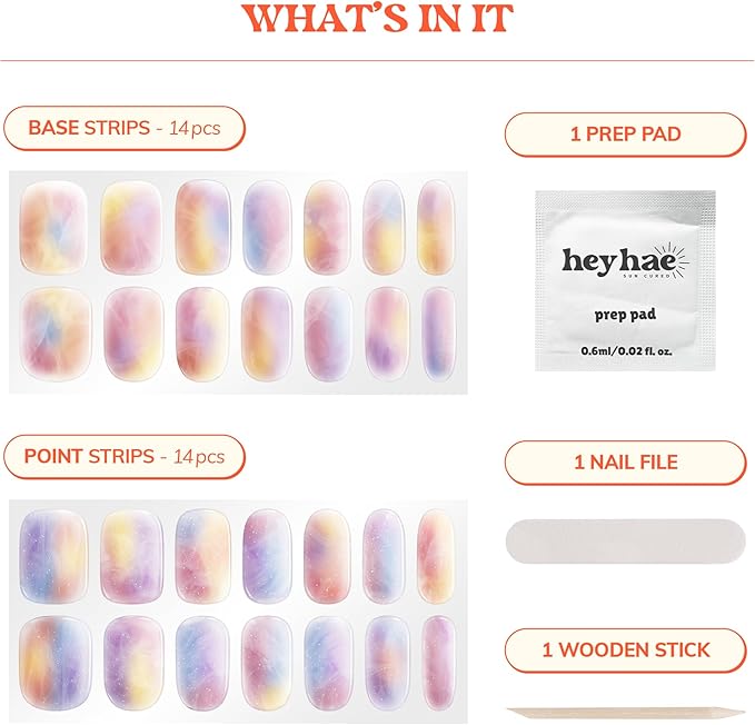 Heyhae Semi Cured Gel Nail Strips | No LED Lamp Needed | Marble, Pink, Spring | Easy Apply & Remove, Salon Quality | Includes 28 Strips, 1 Prep Pads, Nail File & Wooden Stick - Hey, Sunset Drive?