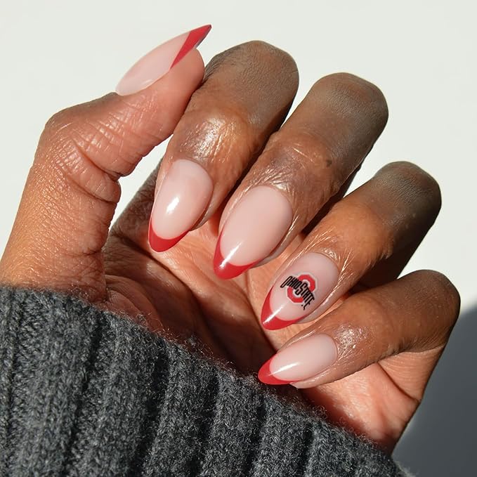 Glamnetic x Fanatics Press On Nails - Ohio State Buckeyes | Short Almond Fake Nails, Collegiate Buckeyes Scarlet French Tips, College Nails, Salon-Quality | 15 Sizes - 30 Nail Kit with Glue