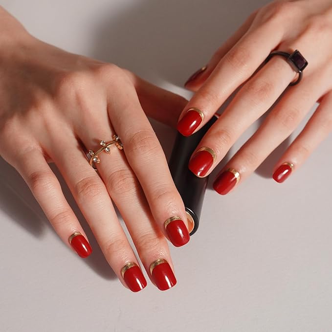 DANNI & TONI Semi Cured Gel Nail Strips Scarlet Red Gel Nail Wraps Gold Reverse French 28 Stickers |Gilded Velvet