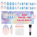 16 Sizes Press on Nails Kit for Kids - 32 Pieces French Almond Fake Nail Tips for Girls 8-12 Years Old with Jelly Nail Adhesives & No-Lamp Nail Glue, Birthday Christmas Gifts(French Blue Grid)