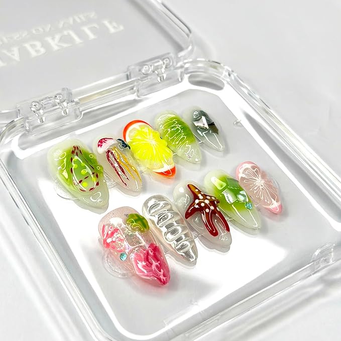 Luxury Press on Nails Medium Almond Handmade 3D Unique Reusable ABS Material Fake Nails French Tip False Nails with Designs Fruit Starfish Art Glossy Glue on Nails Thick Acrylic Nails(M)