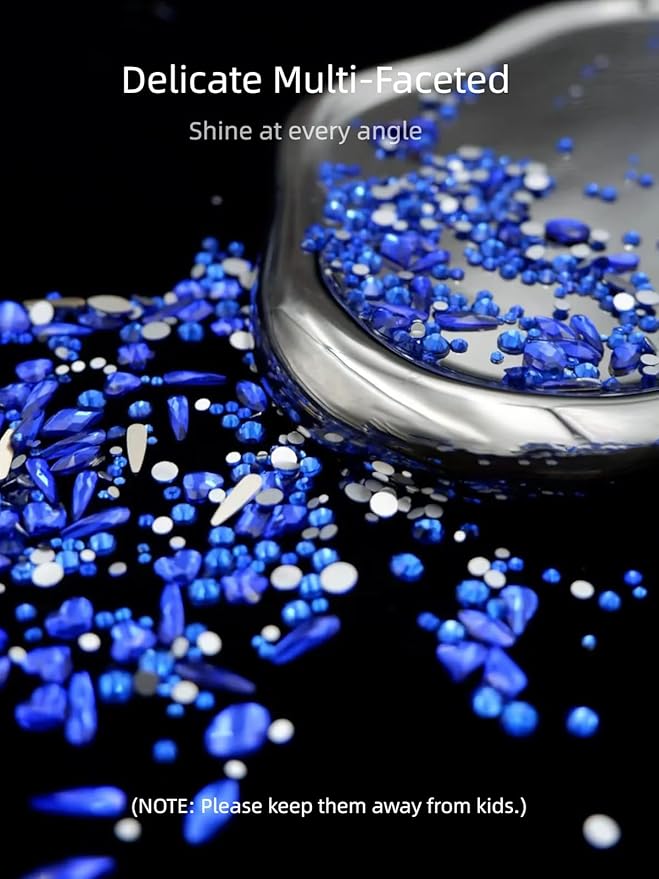 6080PCS Blue Rhinestones for Nails, Mix Sizes Blue Nail Charms and Gems with 20 Shapes, 3D Flatback Crystals Diamonds for DIY Nail Art Design (Tweezers Included)