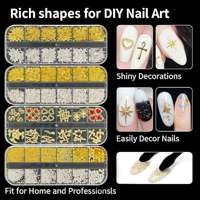 KINGNAME Gold Nail Charms and Gems Set, 4 Boxes Nail Gems Nail Pearls Nail Art Tools, 3D Cross Nail Charms Heart Nail Rhinestones for Nails Supplies, Charms for Nails Design Nail Art Kit