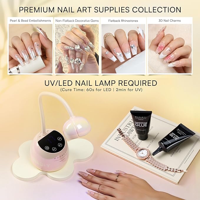 Makartt Nail Rhinestone Glue Gel Set: 60g 3D Super Strong No Wipe Nail Glue for Charms Gems Crystals Beads Decorations Gem Grip Glue DIY Beginners & Salon UV Lamp Needed (2PCS Low & Medium Viscosity)