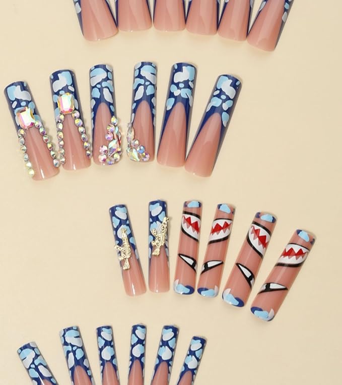 Press on Nails Square - Extra Long Fake Nails with 3D Rhinestones and Bows, Blue French Tips False Nail with Glue Sticker, Stick On Nails for Women, 12 Sizes - 24 Nail Kit, Arctic Gleam