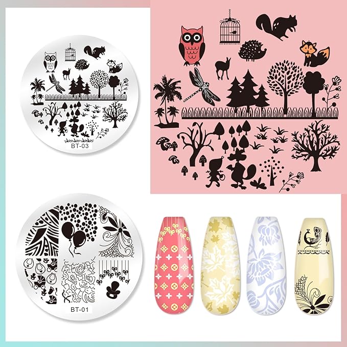 Biutee 15PCS Nail Stamping Plates Nail Stamper Kit with Nail Art Stamper and Scraper, Nail Stamp Plate Flower Animal Geometry Stripe Design Nail Stamping Kit with Storage Bag