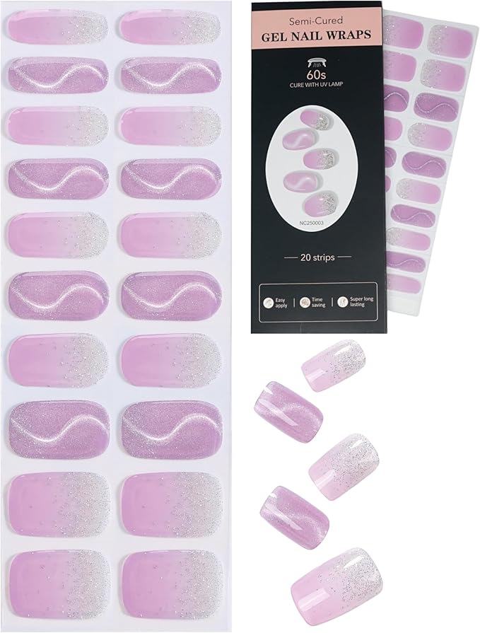 Semi Cured Gel Nail Strips - 20pcs Glaze Gel Stickers, Salon Quality DIY Wraps, Easy to Apply, UV Light Required