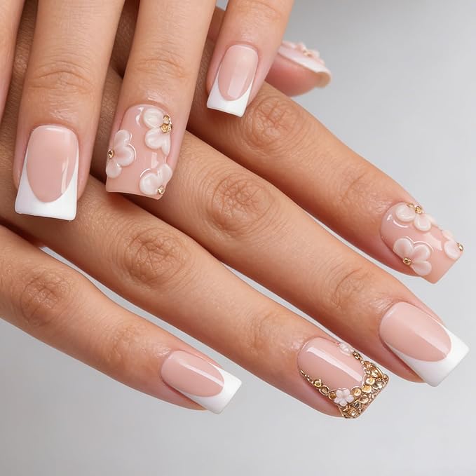 Duck Handmade Press on Nails Luxury 3D Flower & Rhinestone Fake Nails Muti-Layer Gel Acrylic Nail White French Tip False Nails with Design Full Cover Thicked Short Stick on Nail for Women (M)