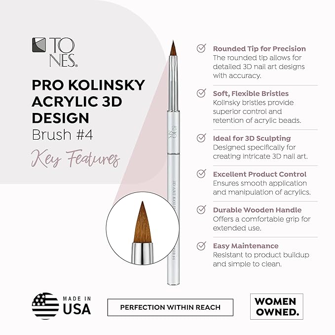 TONES Kolinsky Acrylic Nail Art Brush – Pure Sable Hair, Crimped Silver Handle | Pro-Level Carving Tool with Ultra-Fine Precision Tip | Size: 4