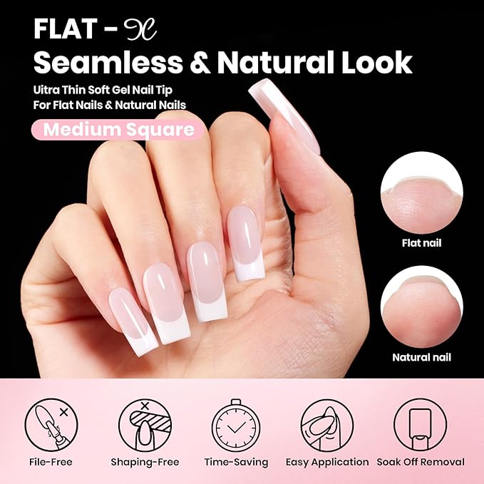 Beetles Gel Nail Kit Flat-X, Square Medium, 320pcs 16 Sizes Nail tips, with 15g Nail Glue Gel Hands-Free, 7.5ml Base Gel & Top Coat, Mini Lamp, for Acrylic Press On Nail, Extension DIY Set at Home