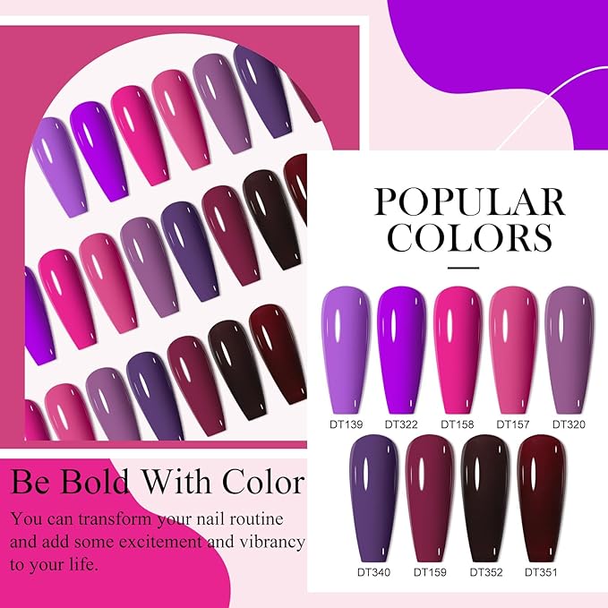 MEET ACROSS 12pcs Gel Nail Polish Set,Soak Off UV LED Lamp Gel Nail Polish Kit,Fashion Shimmer Nail Art Design Gifts for Women Manicure Salon (Purple Red)