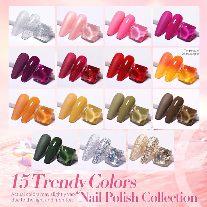 Born Pretty 15 Colors Nail Polish Set, Quick Dry Nail Polish Kit Pink Red Silver Gold Glitter Color Changing Orange Nail Lacquer Glossy Nail Polish Manicure Set for Valentines Day Gift