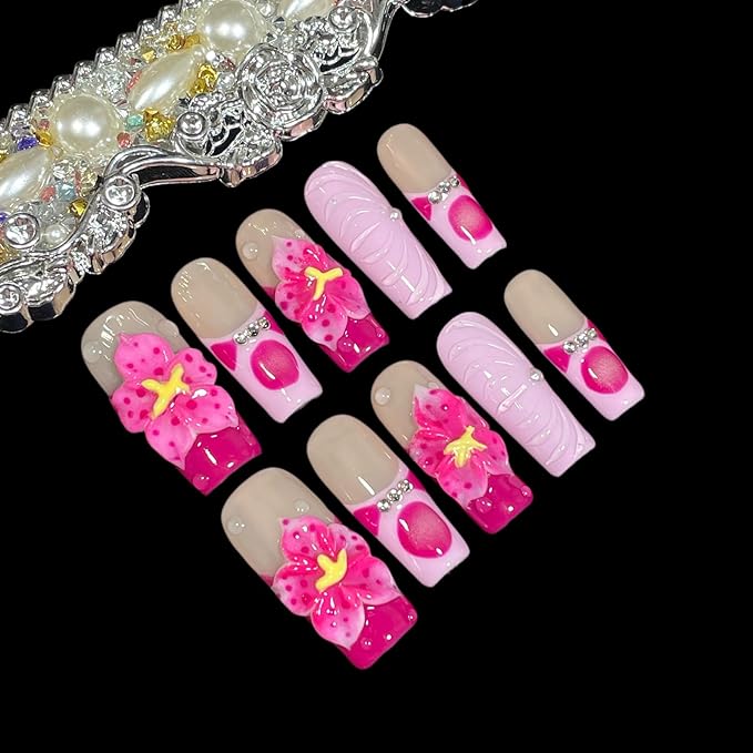 Handmade Press On Nails, Medium Long Square, 3D Floral Design, Nude Base with Rose Red Flowers, Rhinestone Accents, Reusable Acrylic False Nails (Duo Blossom, M)