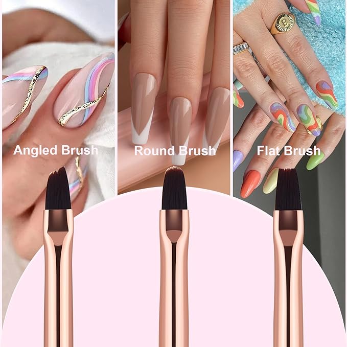 Nail Art Clean Up Brushes - 3Pcs Nail Art Brush Set with Flat/Oval/Fine Angled Gel Brush, Nail Extension Tool for Professional DIY Home Salon(Clear Pink)
