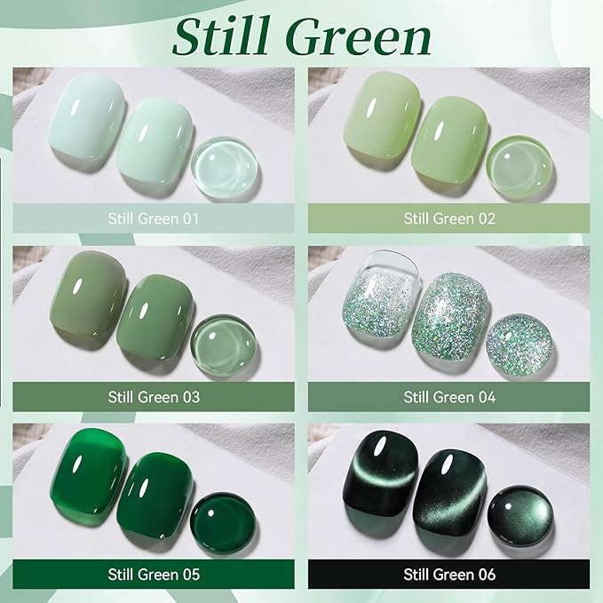 BORN PRETTY Green Gel Nail Polish Set Shimmer Glitter Cat Magnetic Eye Gel Polish Olive Emerald Forest Light Green Soak Off U v Gel Polish Kit for Salon Manicure and Nail Art DIY at Home