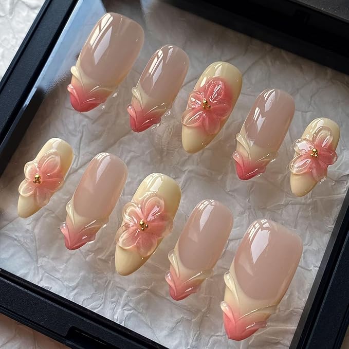 Ligth Yellow Press on Nails Medium Almond Handmade Nails with Glue,Handmade False Nails French Tip Nail Press ons 5D Flower Art Design Muti-Layer Gel Nail Luxury False Nails for Women (Size S)