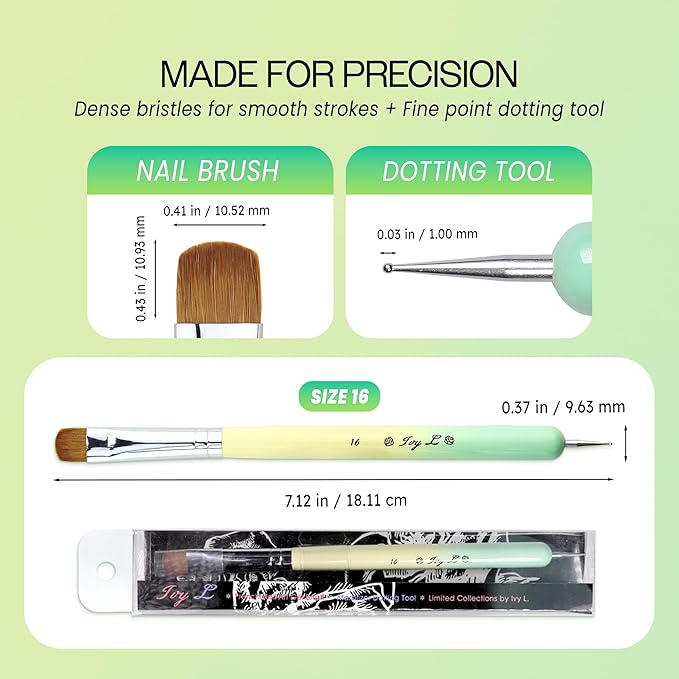 Ivy-L Premium 2 Ways French Gel Acrylic Nail Art Kolinsky Brush with Dotting Tool for Professional Manicure Nail Art Design Cuticle Clean-up + Lime Green Wood Handle (Size 16)