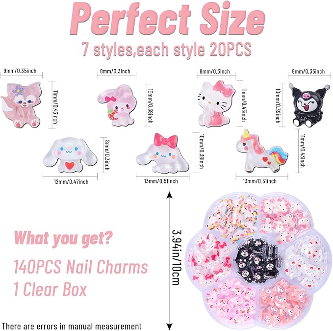 140 Pcs Nail Charms,7 Styles 3D Slime Charms Nail Decorations Flatback Resin Charm for DIY Nail Art Decorations Supplies,Hair Clips,Jewelry Making and Phone Cases Etc